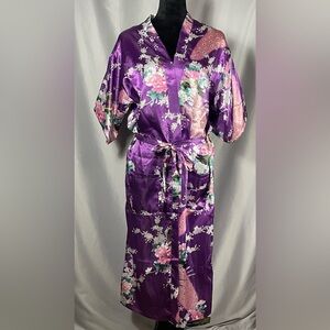 Vicabo Purple Floral Peacock Satiny Kimono Robe Lingerie Size Large NWOT
